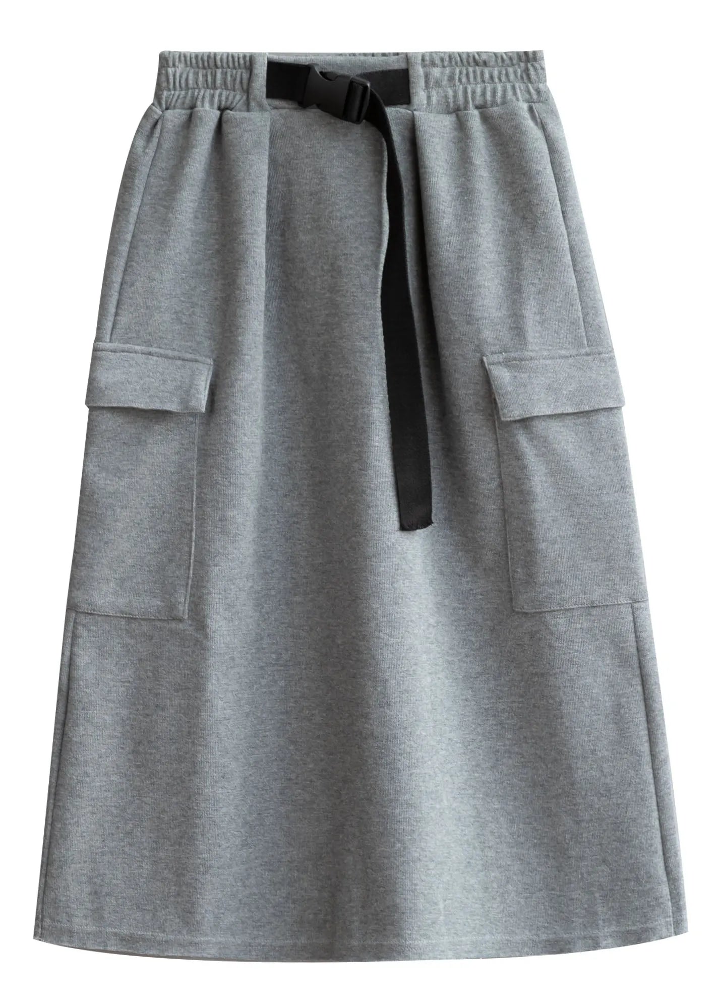 Modern Grey Elastic Waist Pockets Cotton Skirt Fall