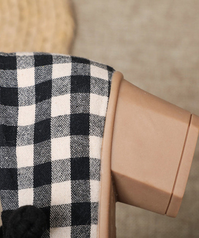 Buckle Strap Chunky High Heels Plaid Cotton Fabric