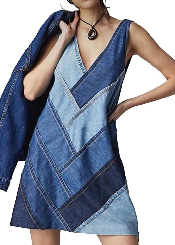 Blue V Neck Patchwork Denim Dress Sleeveless