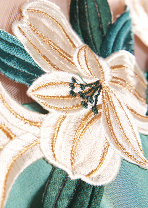 Top Quality Green Embroideried Side Open Silk Dress Puff Sleeve