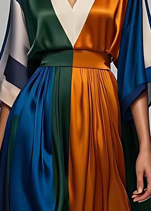 Italian V Neck High Waist Patchwork Silk Maxi Dress Half Sleeve (ships in 24hrs)