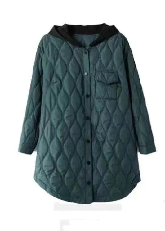Peacock Green Hooded Pockets Cotton Filled Coats Winter