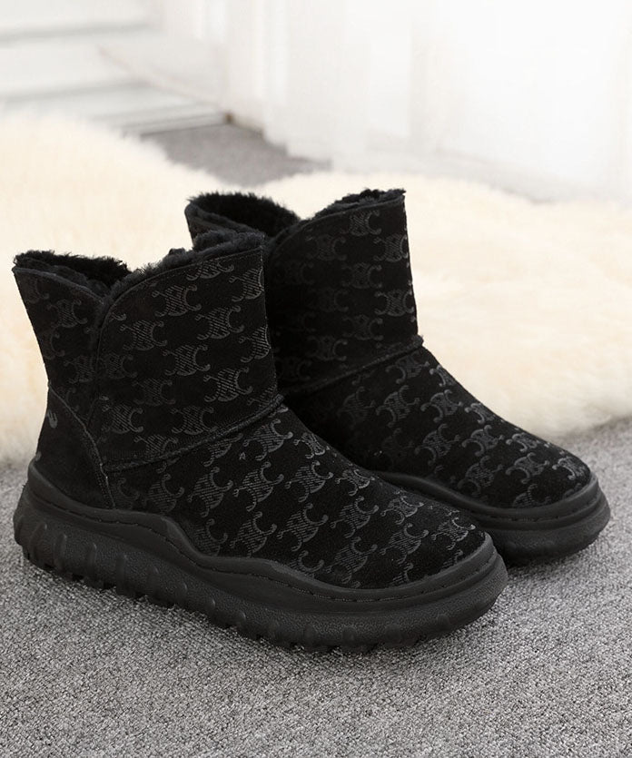 Brown Boots Thick Warm Fleece Cowhide Leather Ankle Boots
