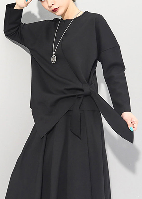 Black O-neck Asymmetrical Tie Waist Bow Top Long Sleeve