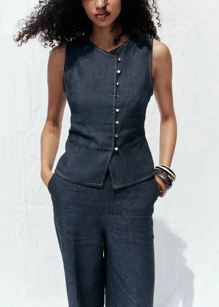 New Navy O Neck Button Tops and Crop Pants Denim Two Pieces Set Sleeveless