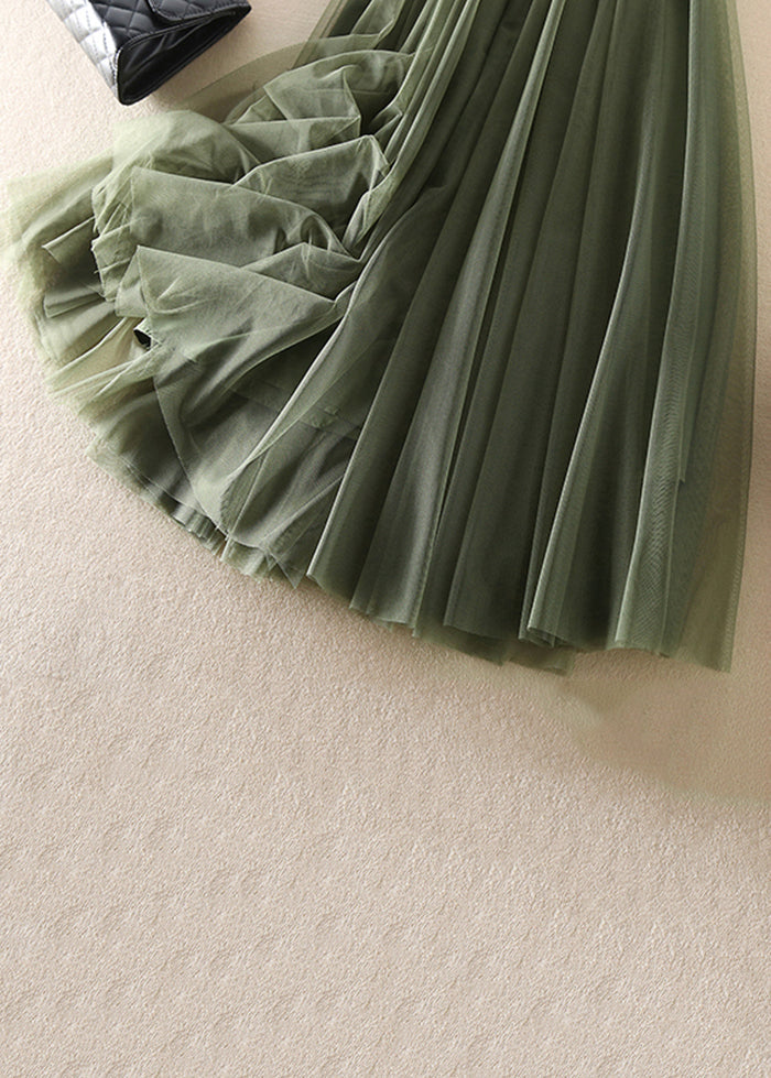 Green Wrinkled Elastic Waist Patchwork Tulle Skirts Spring