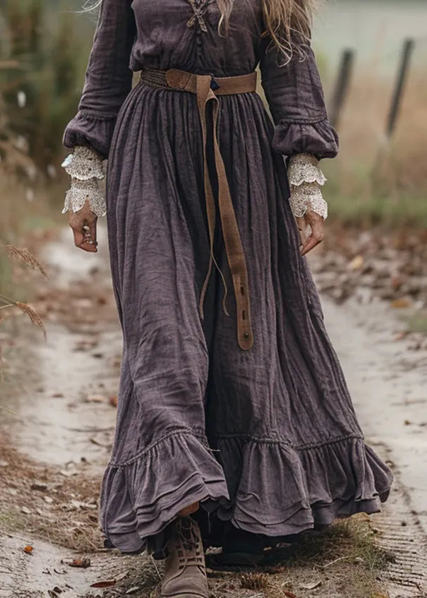 Loose V Neck Ruffled Lace Patchwork Cotton Long Dress Spring