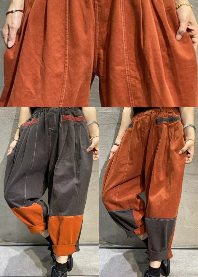 Orange Pockets Cotton Pants Spring