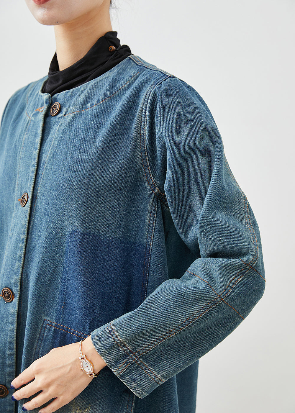 Diy Denim Blue O-neck Pockets Cotton Trench Coat Fall