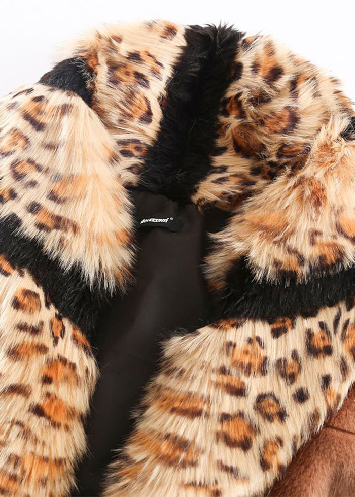 Khaki Fox Collar Patchwork Leopard Faux Fur Coat Winter