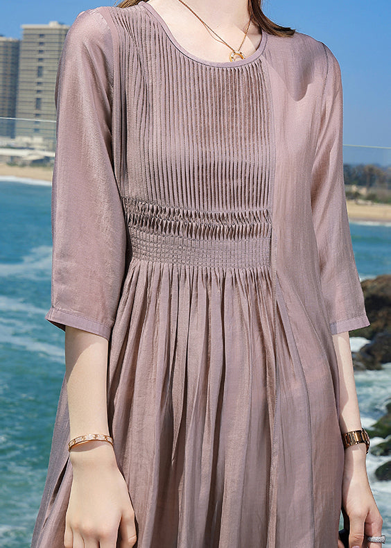 Purple O Neck Wrinkled Patchwork Silk Dress Bracelet Sleeve