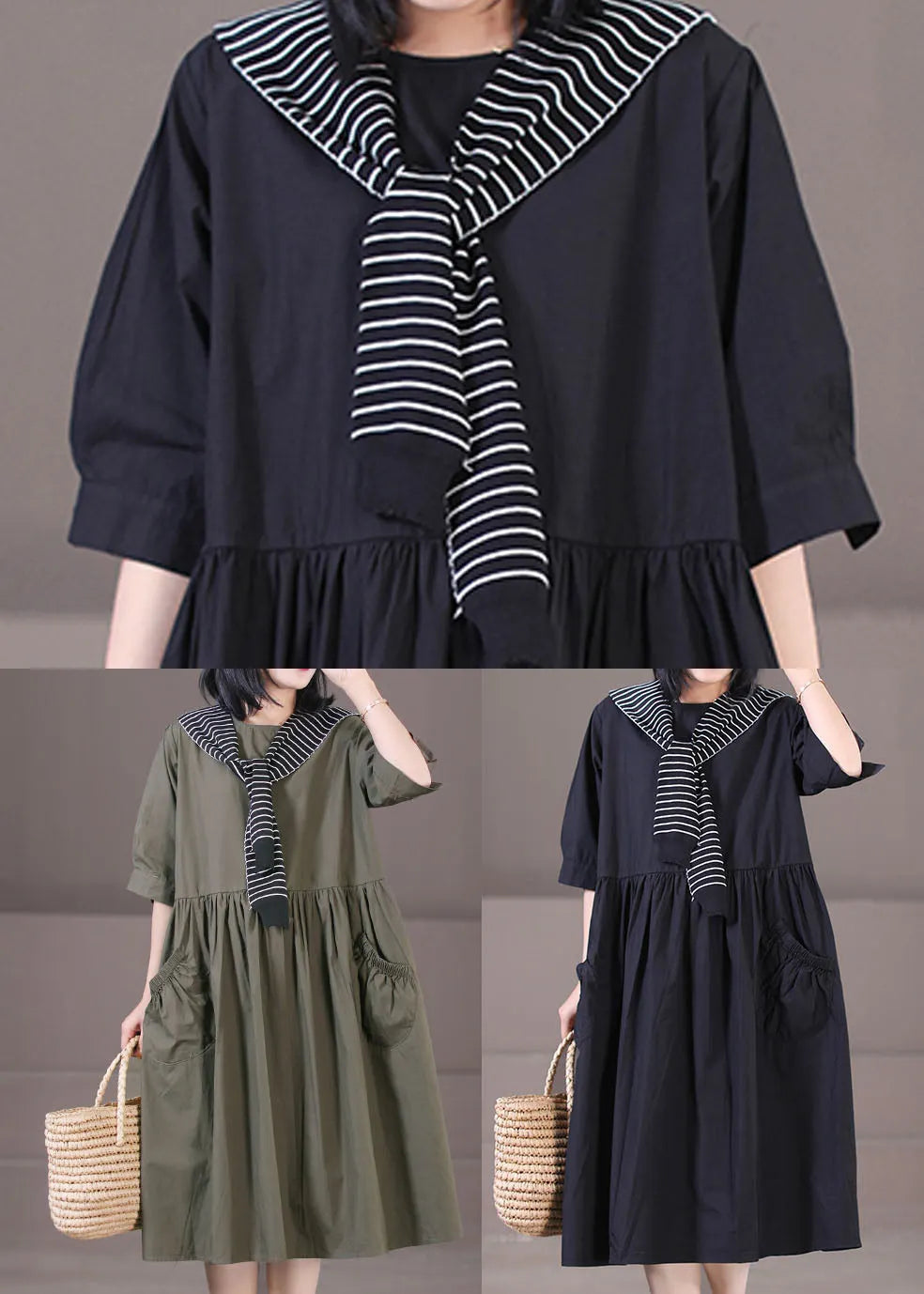 Black Sailor Collar Patchwork Cotton Pleated Dress Half Sleeve