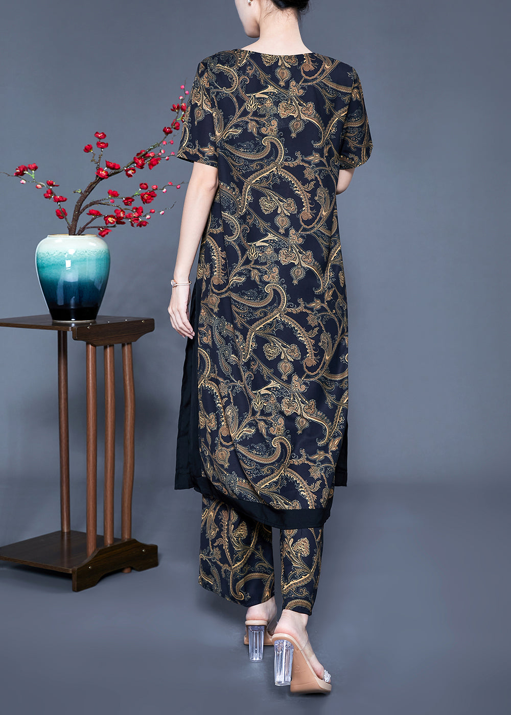 Black V Neck Side Open Print Silk Two Pieces Set Summer