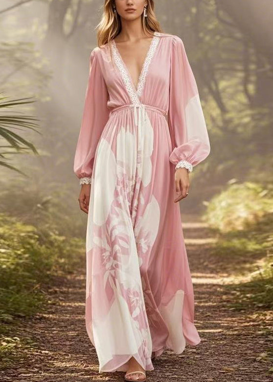 spring chiffon dresses Floral Chiffon Dress With Belt And Sleeves Spring Midi Dresses 2025