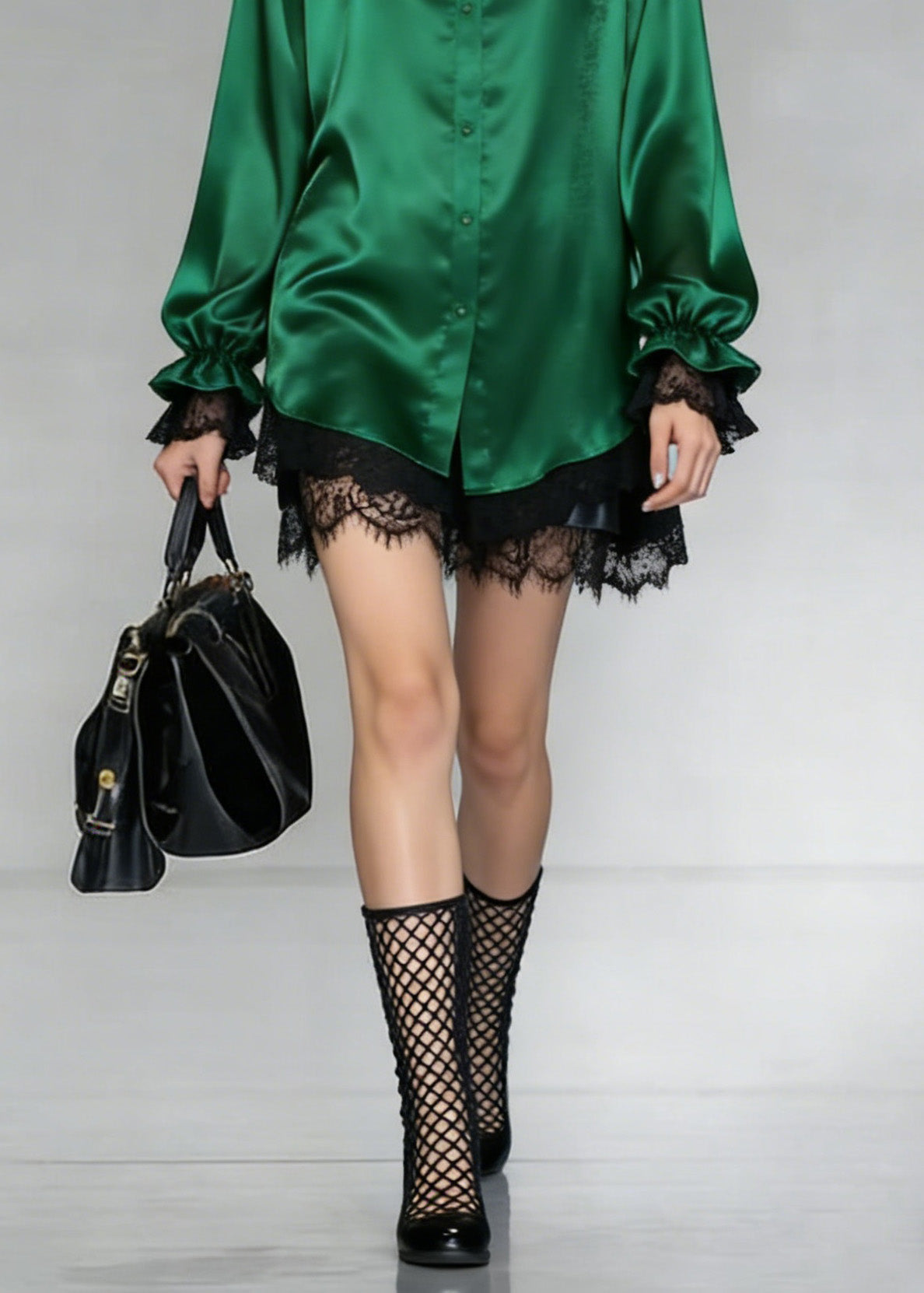 Green Peter Pan Collar Patchwork Silk Shirt Spring