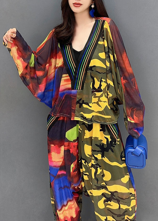 Organic Yellow Camouflage V Neck Asymmetrical Print Top and Harem Pants Two Piece Set Fall