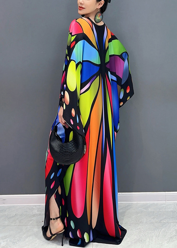 Colorblock V Neck Print Cotton Maxi Dresses Batwing Sleeve