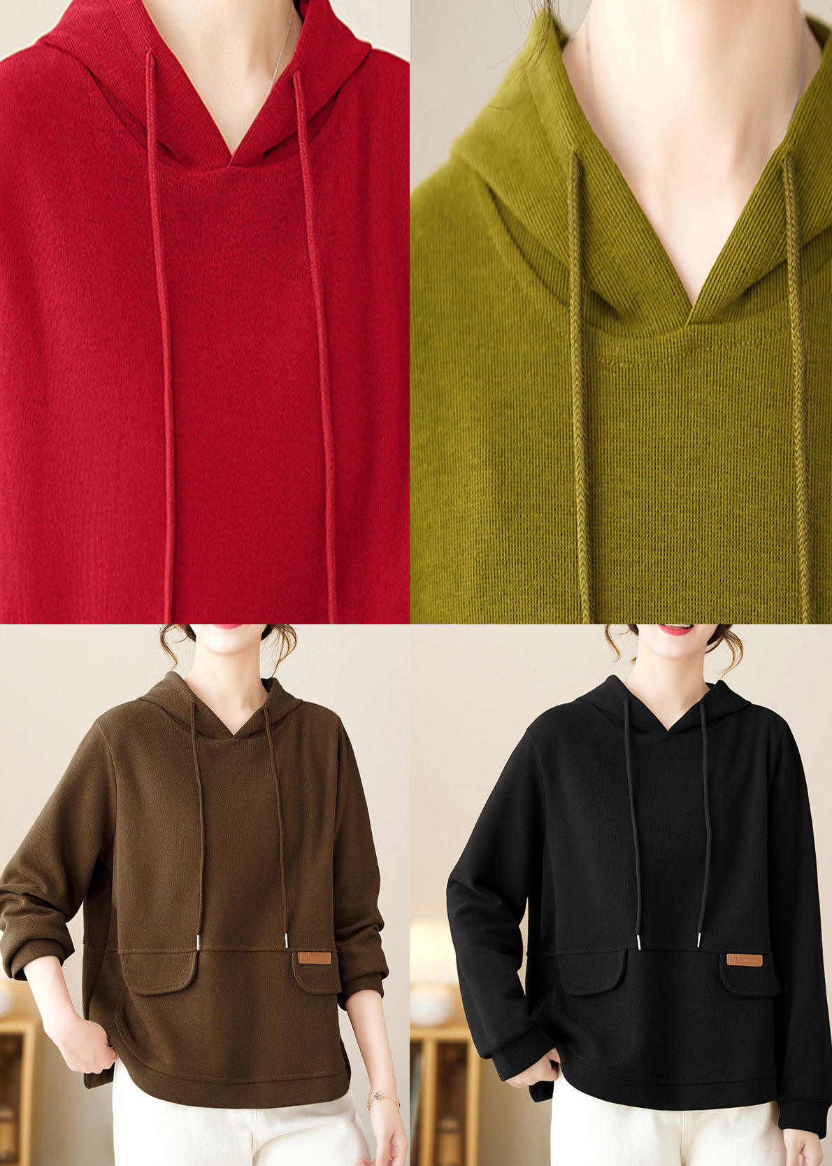 Loose Green Hooded Patchwork Cotton Pullover Fall