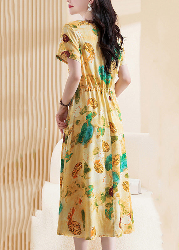 Yellow Print Tie Waist Maxi Dresses Short Sleeve