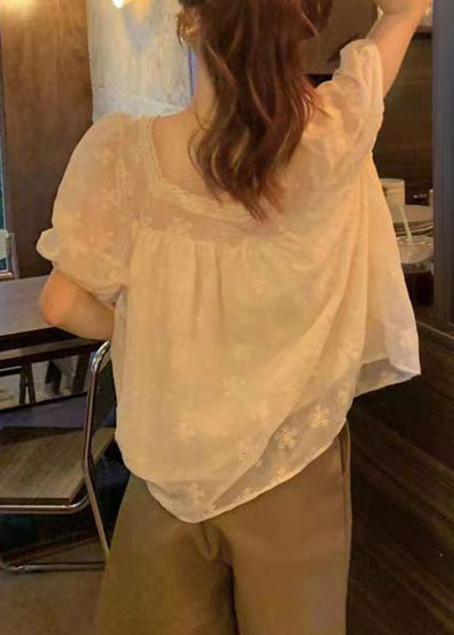 Apricot Square Collar Embroidered Cotton T Shirt Summer