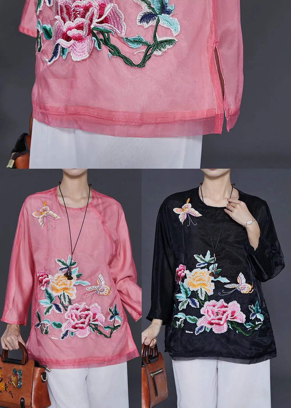 Pink Embroidered Organza Blouses Summer