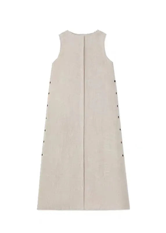 Khaki O-neck Low High Design Robe Dresses Sleeveless