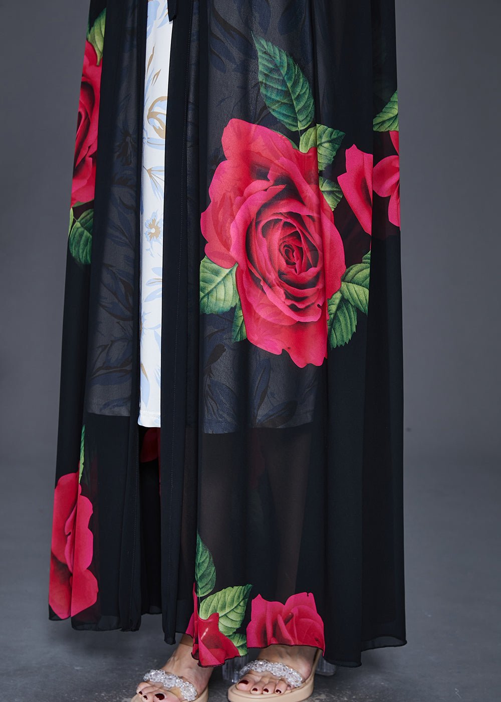 Black Hooded Print Chiffon Cardigan Spring