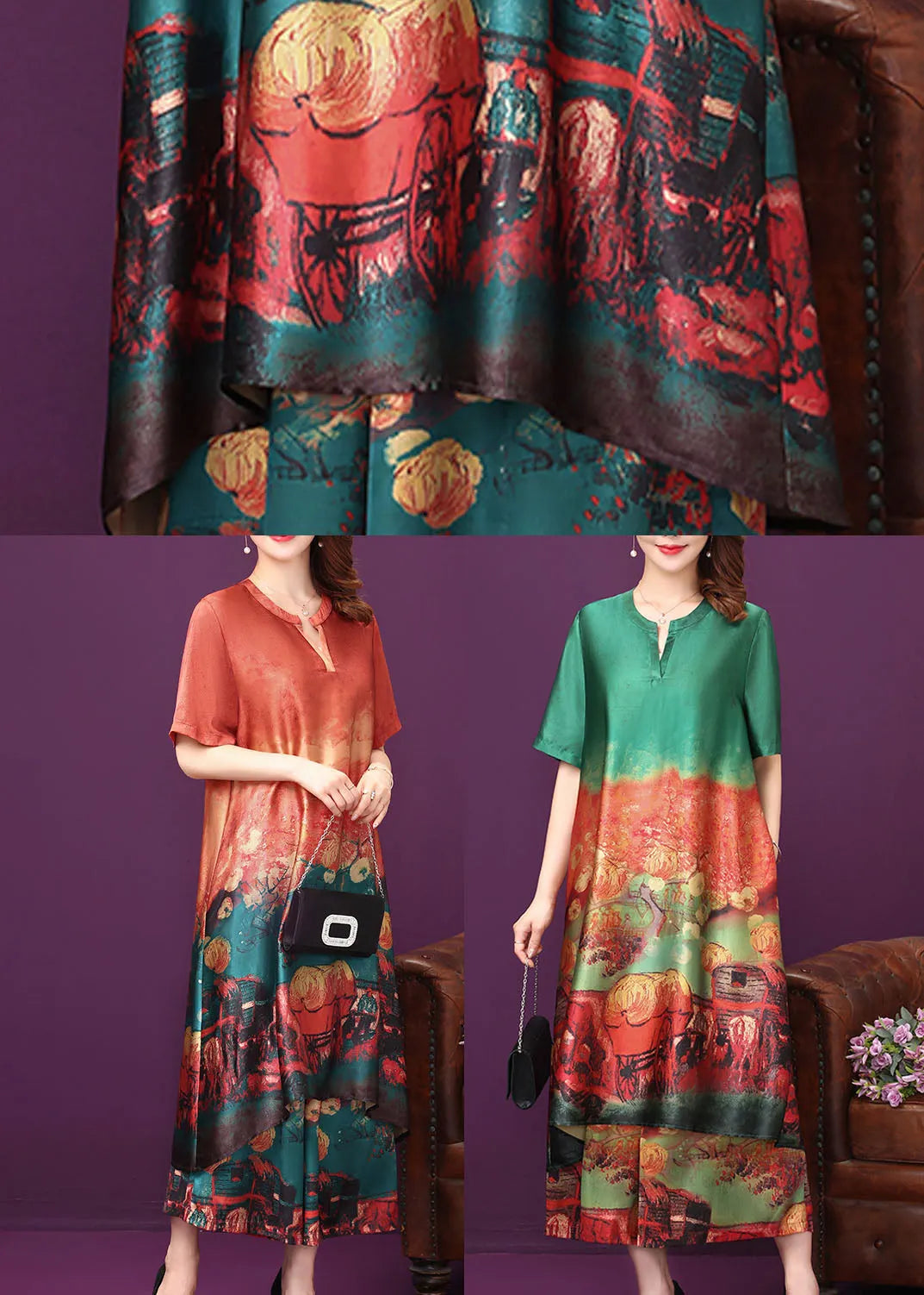 Green Print Silk Long Dress and Wide Leg Pants Two Piece Suit Set V Neck Summer