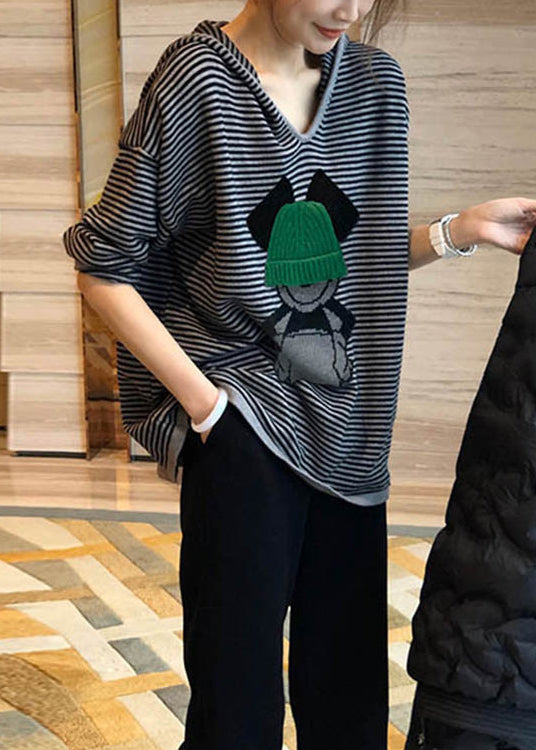 Black Striped Print Hooded Patchwork Cotton Top Fall