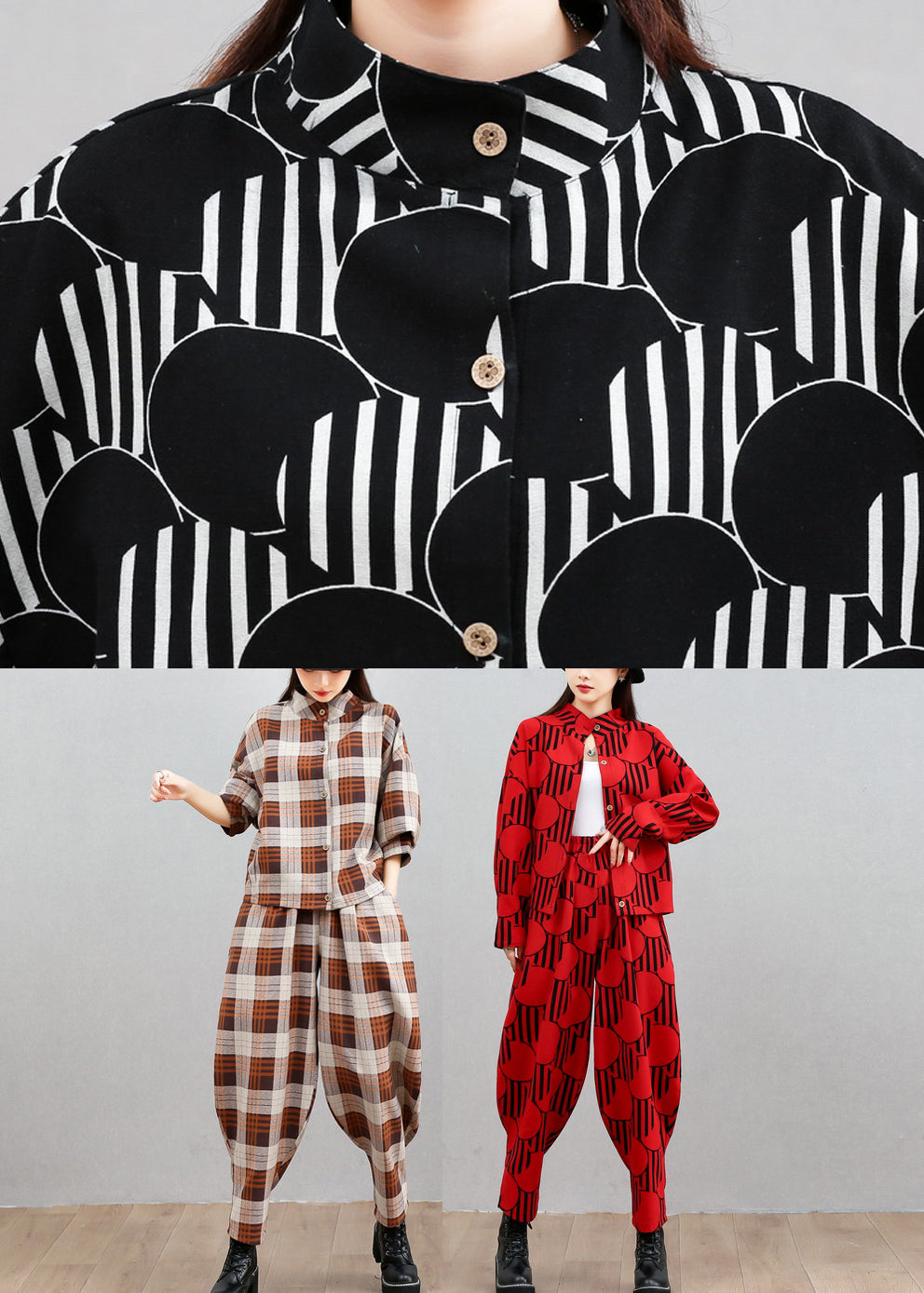Modern Black Dot Print Top and Beam Pants Two Pieces Set Long Sleeve