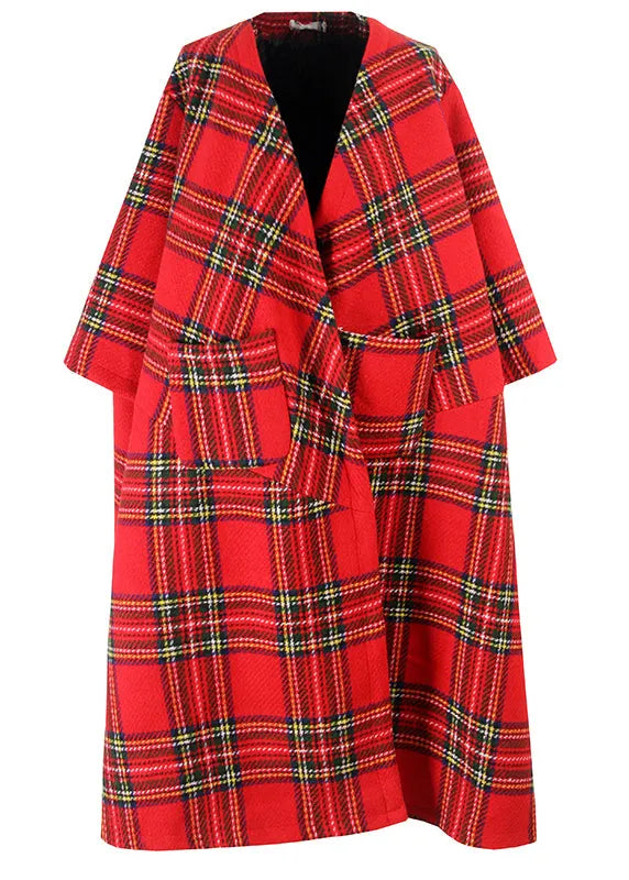 Red Plaid Patchwork Woolen Coat Spring
