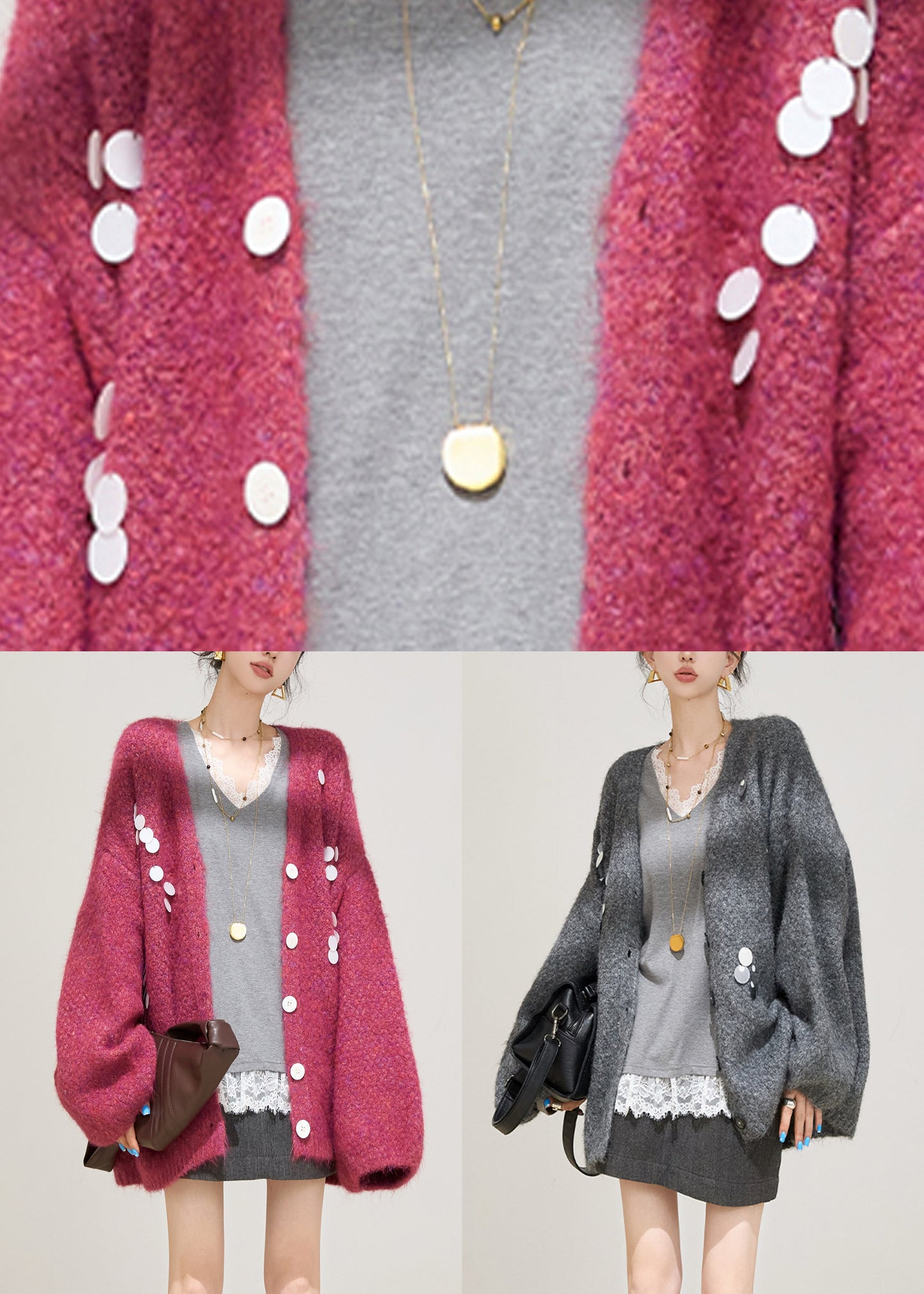Grey Sequins Cotton Knit Cardigans Fall