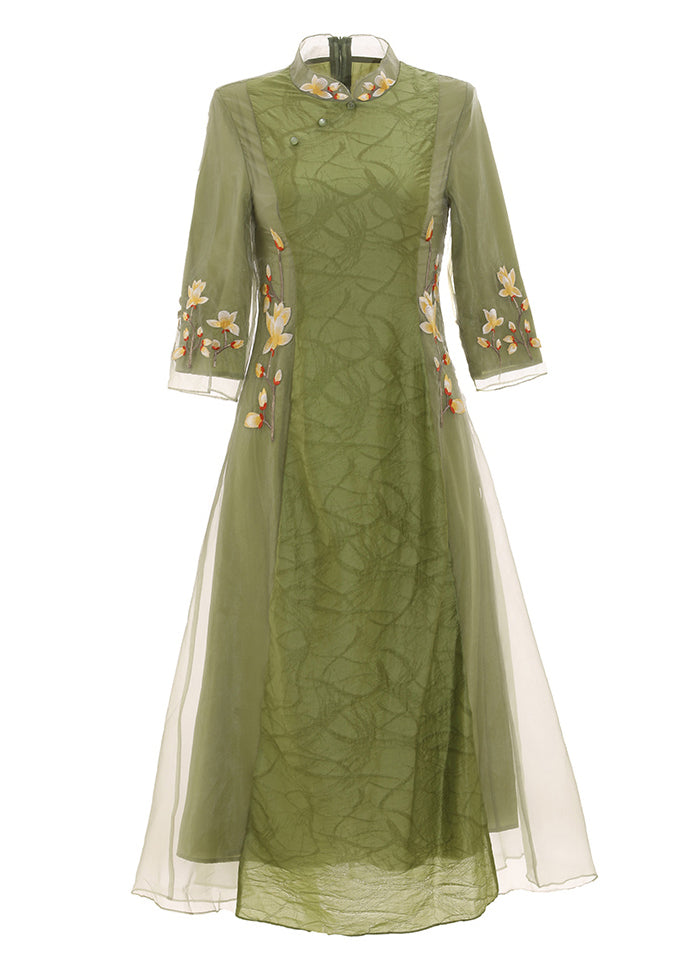 Green Stand Collar Embroideried Button Tulle Silk Dress Long Sleeve