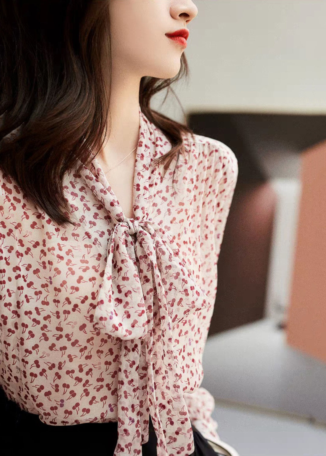 Red Bow Print Silk Tops Long Sleeve