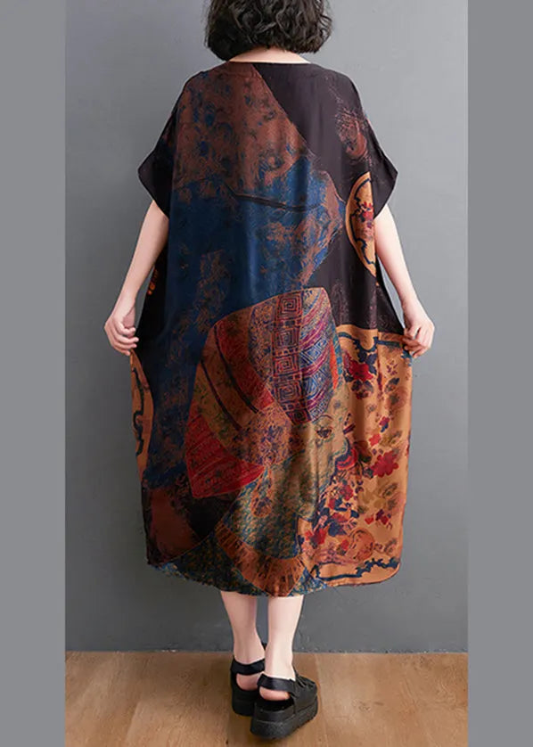 Baggy O-neck Print Chiffon Dresses Short Sleeve