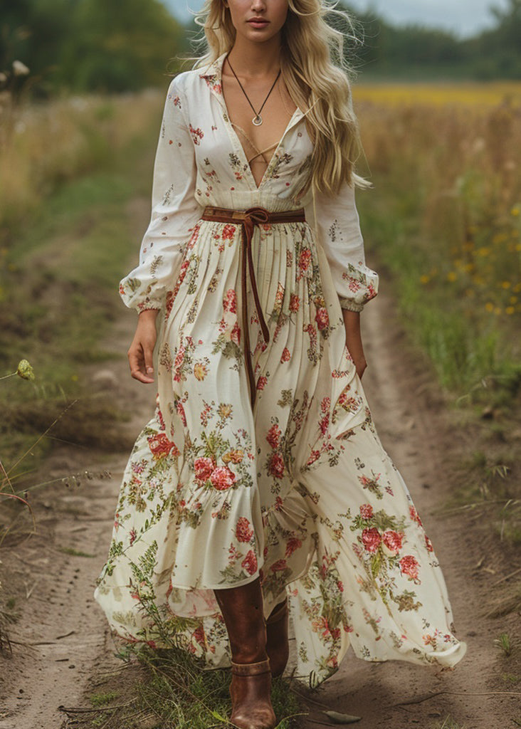 V Neck Print Long Sleeve Pastoral Dress Fall