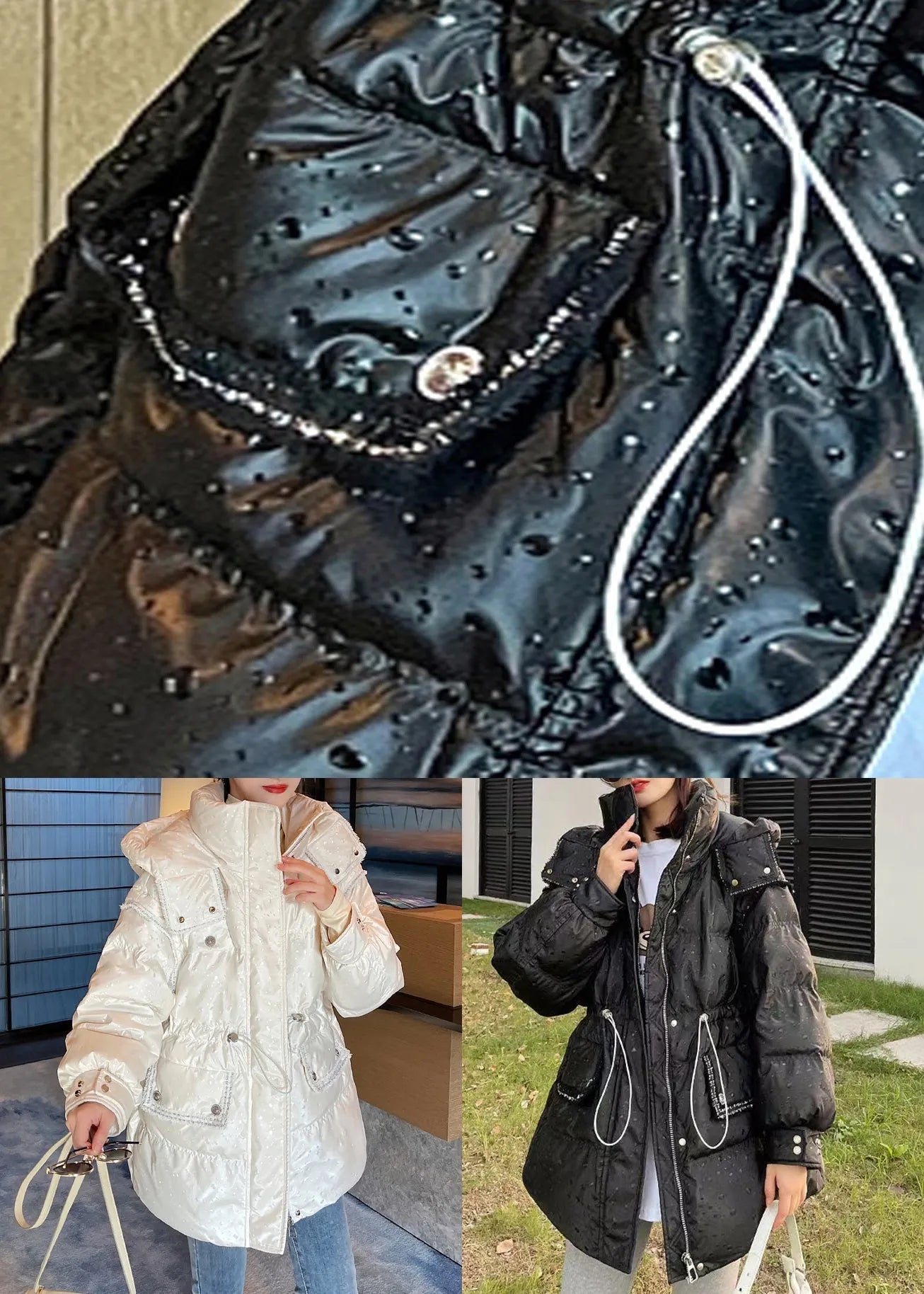 Beige Hooded Drawstring Patchwork Detachable Sleeve Duck Down Puffer Coat Winter