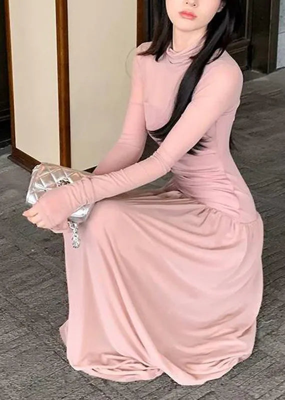 New Pink Turtleneck Patchwork Tulle Long Dress Long Sleeve