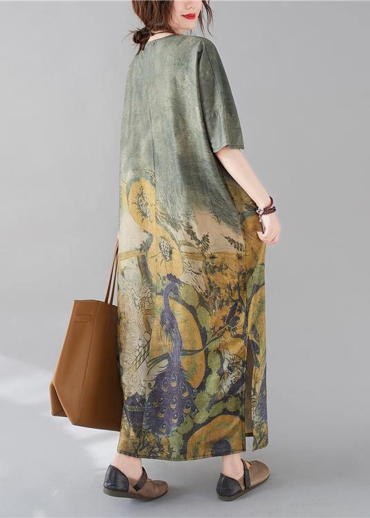 French V Neck Side Open Spring Tunic Dress Peacock Print Kaftan Dress