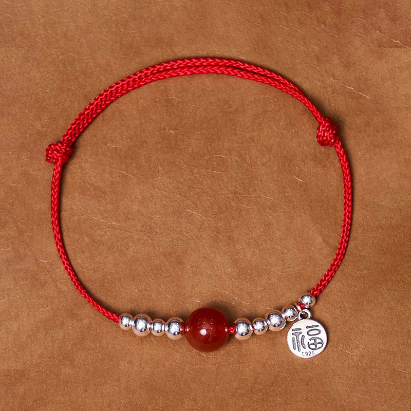 Buddha Stones Handmade 925 Sterling Silver Fu Character Red Agate Fortune Braided Ultra-thin Rope Bracelet
