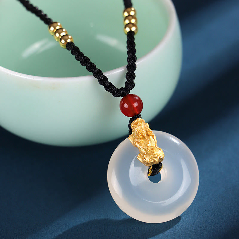 Buddha Stones Black Onyx White Agate Peace Buckle 999 Sterling Silver Gold Pixiu Fortune Necklace Pendant