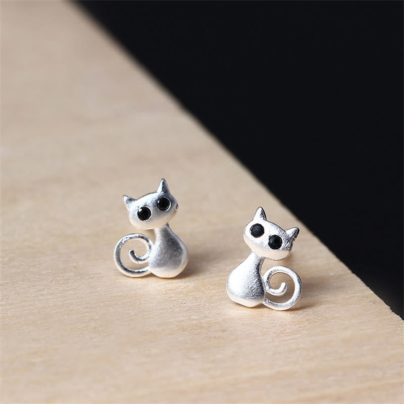 Buddha Stones 925 Sterling Silver Posts Cat Kitten Blessing Stud Earrings