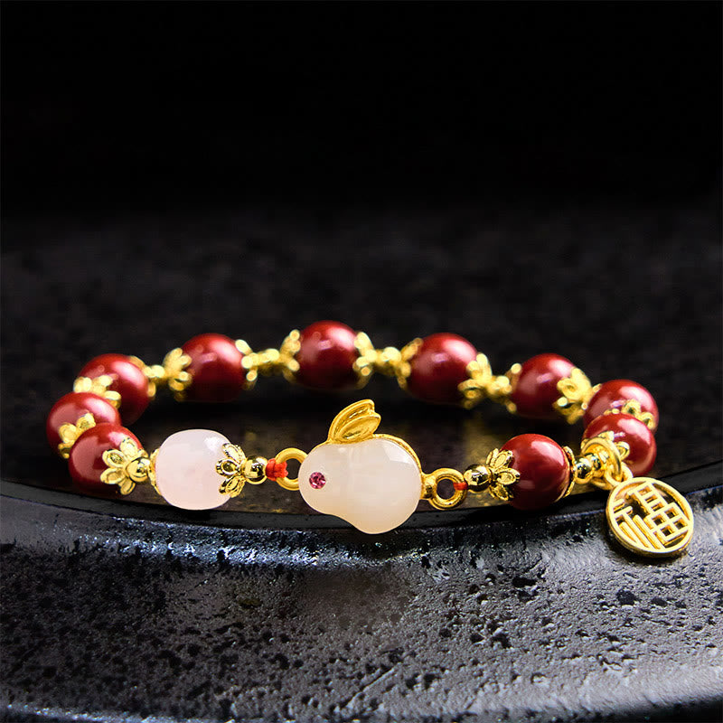 Buddha Stones Cinnabar Rabbit Bunny Fu Character Charm Blessing Bracelet
