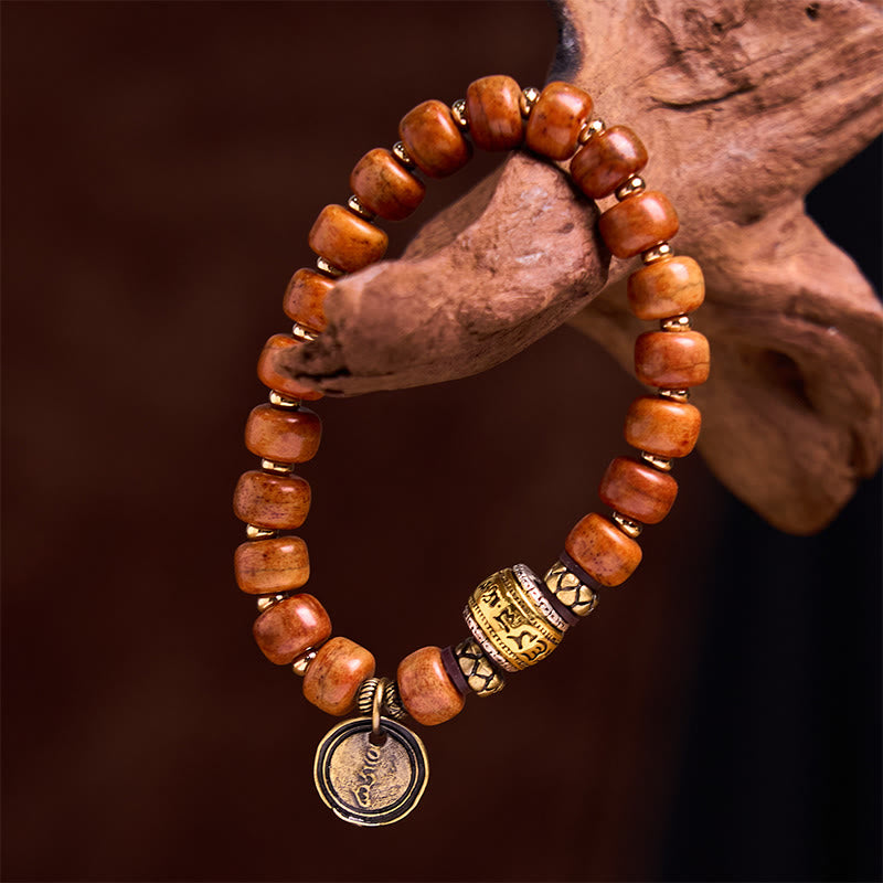 Buddha Stones Natural Tibetan Camel Bone Barrel Beads Om Sanskrit Luck Protection Bracelet