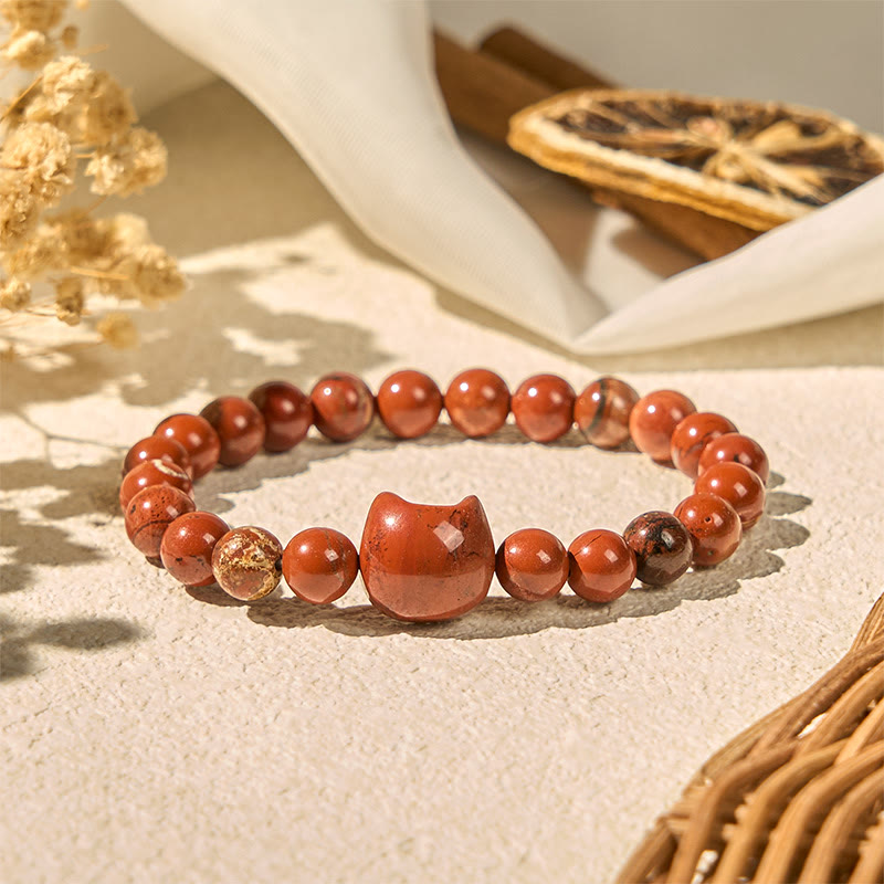 Buddha Stones Faceless Cat Head Design Red Turquoise Luck Bracelet