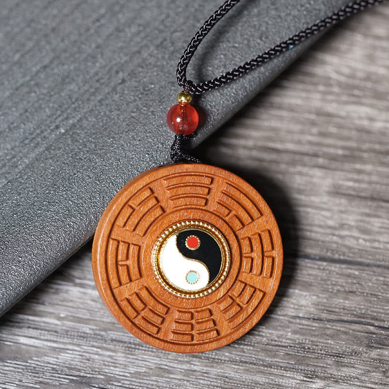 Buddha Stones Lightning Struck Jujube Wood Yin Yang Bagua Luck Necklace Pendant