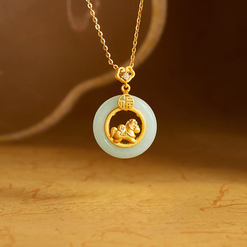 Buddha Stones 925 Sterling Silver Year of the Horse Hetian Jade Peace Buckle Luck Necklace Pendant