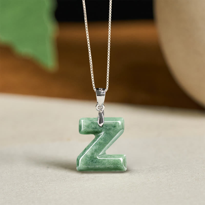 Buddha Stones Natural A-z Letter Jade 925 Sterling Silver Silm Chain Prosperity Necklace Pendant