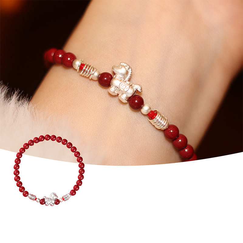 Buddha Stones Year of the Horse Red Agate 999 Sterling Silver Cinnabar Calm Bracelet