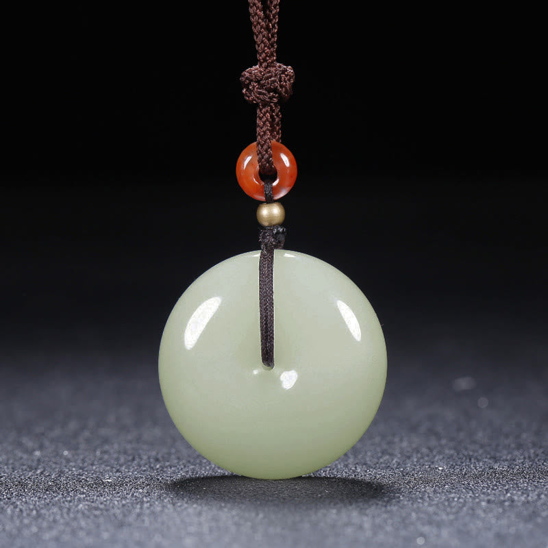 Buddha Stones Round Hetian White Jade Peace Buckle Blessing Necklace Pendant